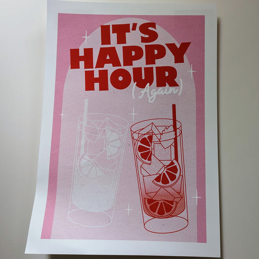 A3 'It's Happy Hour Again' Pink Print - The 'Wonky' Sale